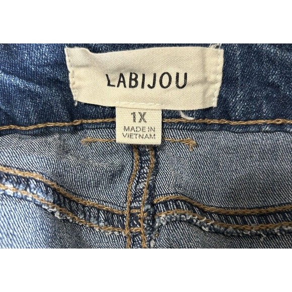 LABIJOU Womens Blue Denim Dark Wash knee length Pencil Raw Hem Skirt Plus 1X - Picture 7 of 8